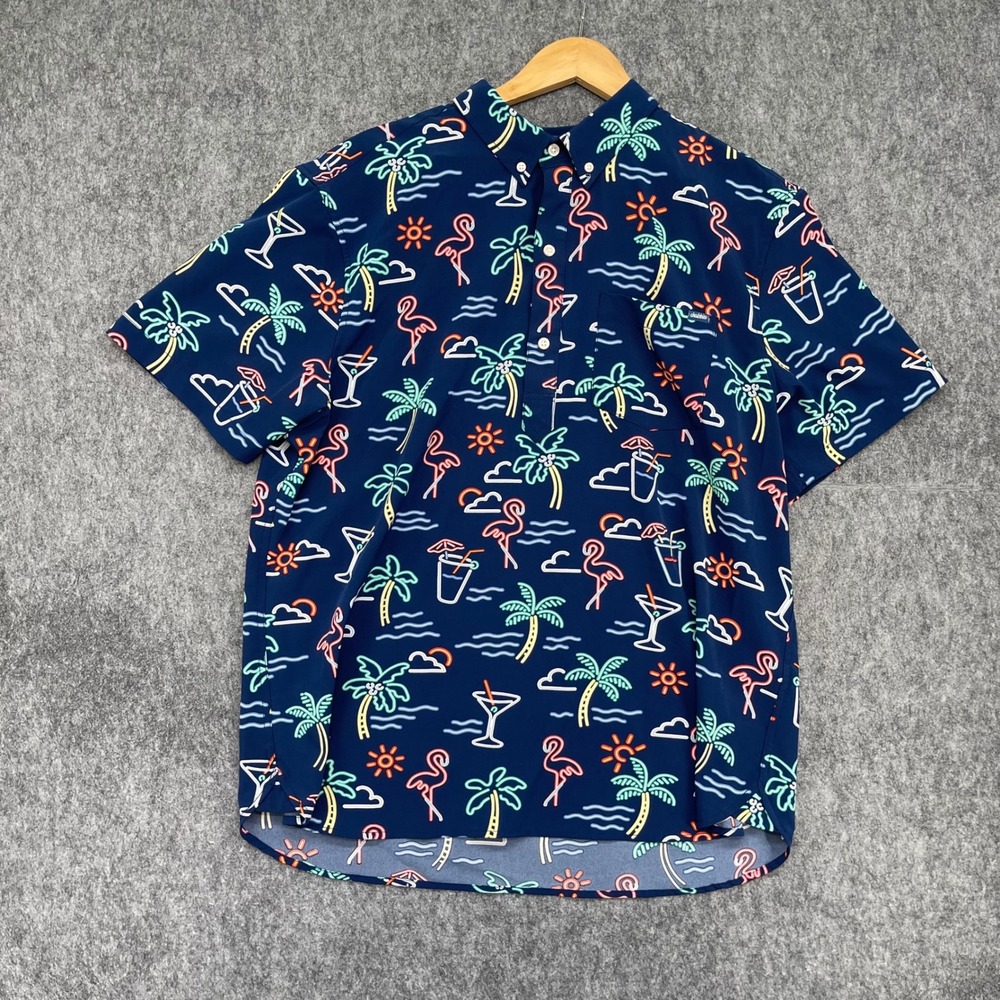 Chubbies Shirt Mens Extra Large Neon Tropical Palm Tree Button Down Navy
